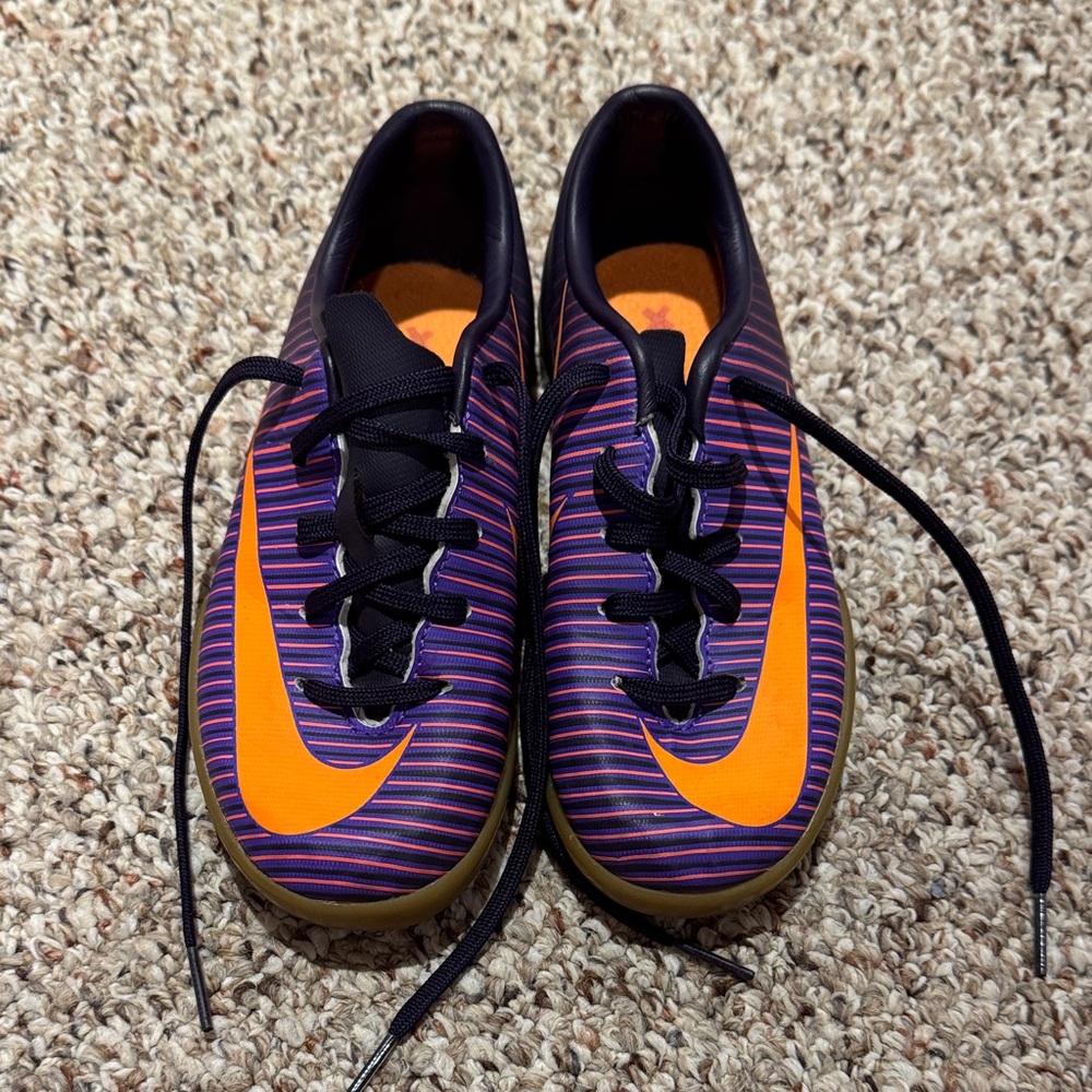 Nike Kids Mercurial Indoor Soccer Shoes - Purple and Orange Stripes